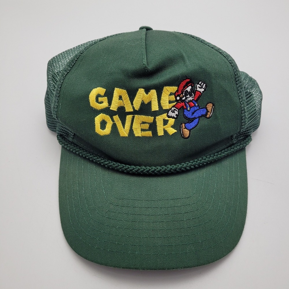 VTG Game Over Mario Hat Skeleton Dead Gamer Trucker Rope Cap Snapback Green